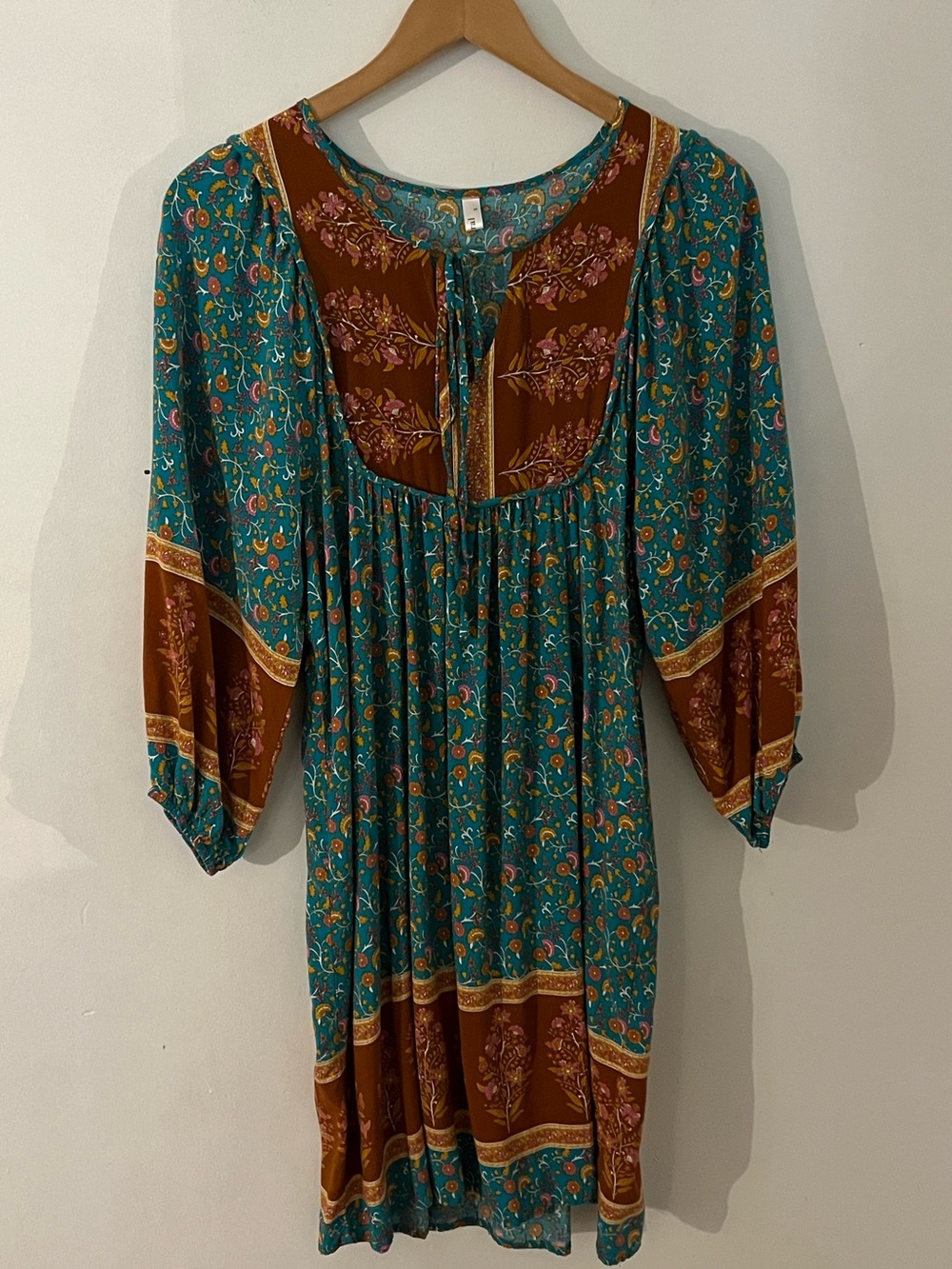 Qearal 100% Rayon Boho Prairie Floral Puff Sleeve Sun Dress Women’s Size Small
